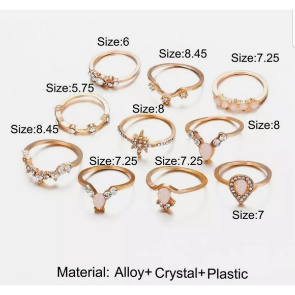 10 piece golden alloy opal rhinestone boho stackable midi knuckle rings size 5-9 - Picture 2 of 2